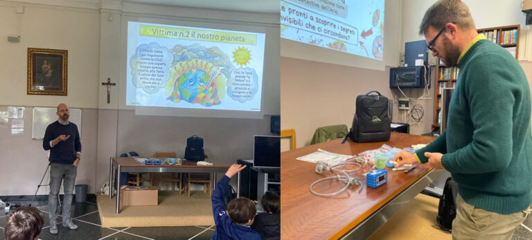 Educational presentation on climate change with classroom projection and practical demonstration using air quality monitoring tools. per il monitoraggio della qualità dell’aria.
