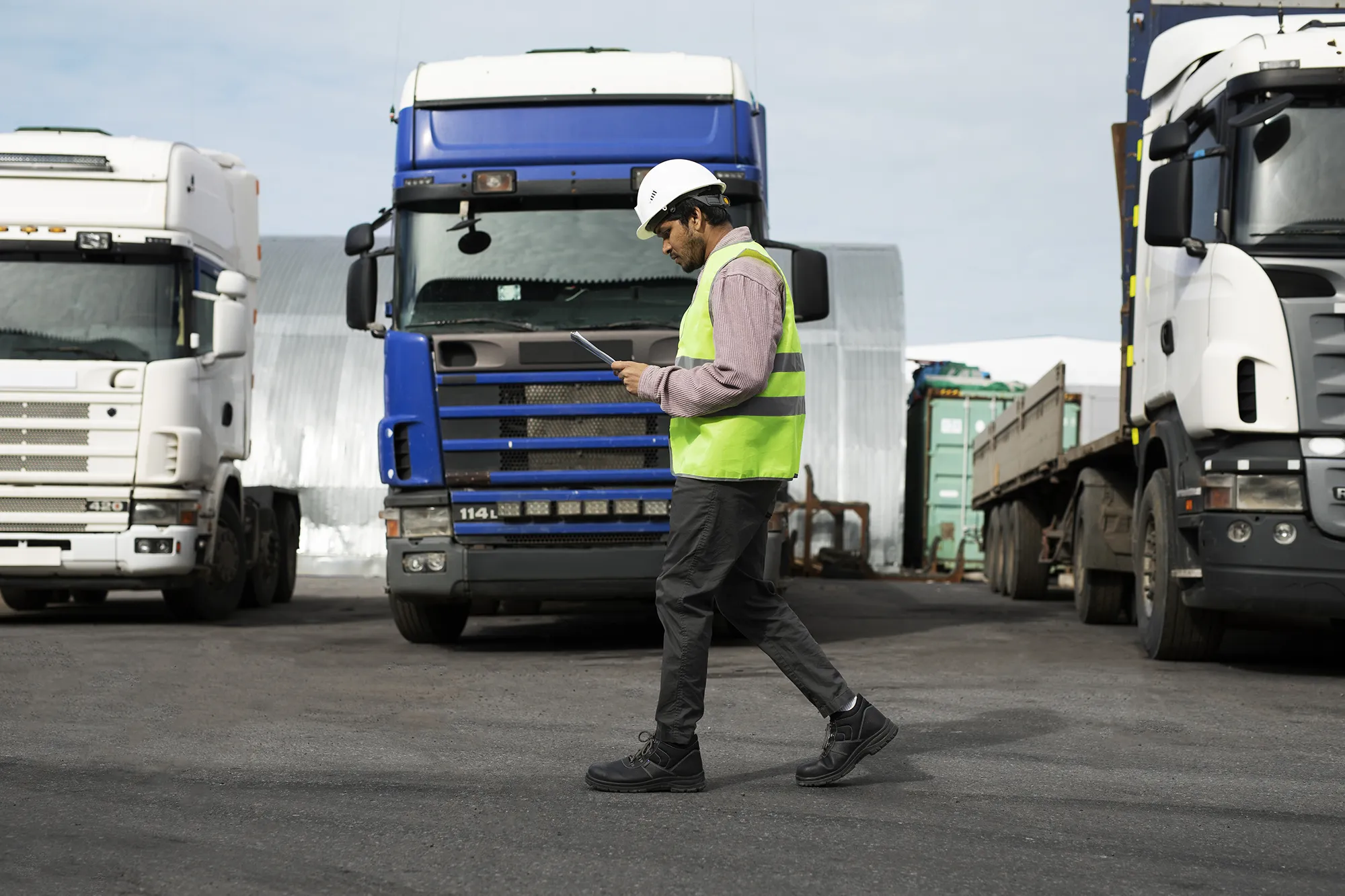 Lavoratore che cammina in un parcheggio con camion che emettono diesel