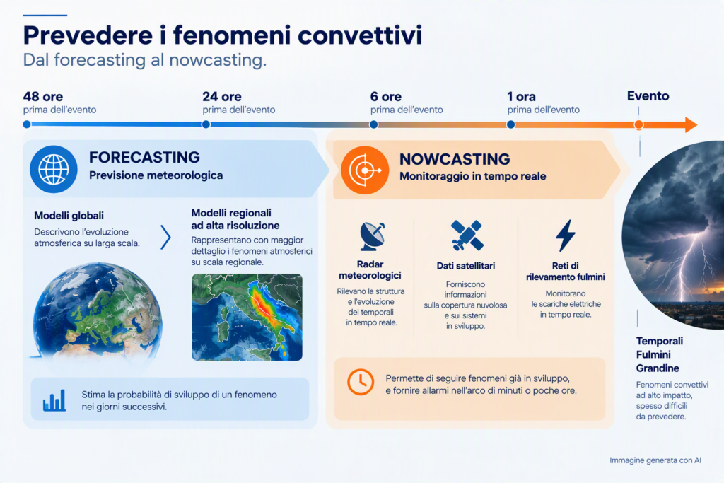 Schema che rappresenta l'evoluzione temporale della previsione dei fenomeni convettivi dal forecasting al nowcasting